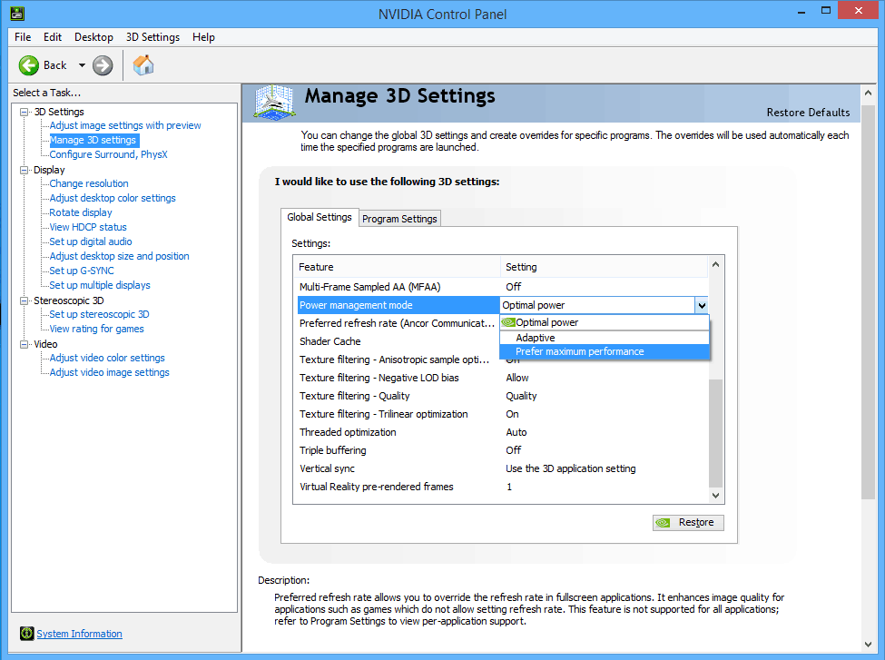 will nvidia control panel manage 3d settings automatically work