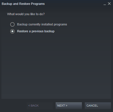 Restore a previous backup